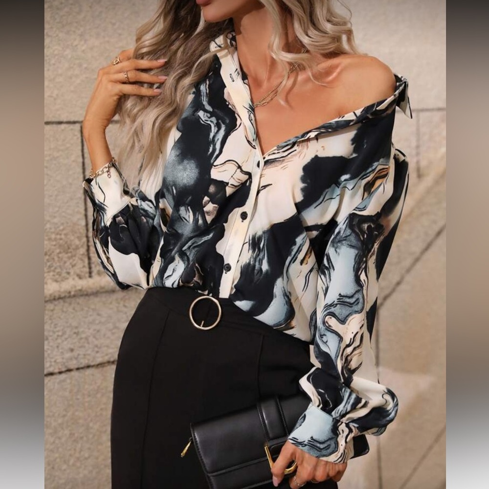 Abstract Marble Print Top Blouse Button Down Up Shirt New